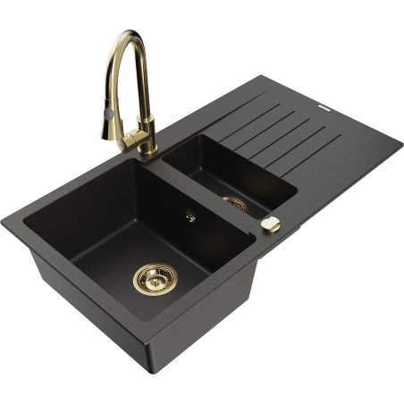 Mexen Matias granitový drez s 1,5 komorou s odkvapkávačom a kuchynskou batériou Elia, čierny/zlatý metalik