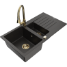 Mexen Matias granitový drez s 1,5 komorou s odkvapkávačom a kuchynskou batériou Elia, čierny/zlatý metalik