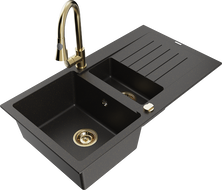 Mexen Matias granitový drez s 1,5 komorou s odkvapkávačom a kuchynskou batériou Elia, čierny/zlatý metalik