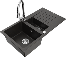 Mexen Matias žulový drez 1,5-komorový s odkvapkávačom a kuchynskou batériou Elia, čierny/zlatý metalik - 6502-75-670101-00