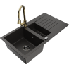 Mexen Matias granitový drez 1,5-komorový s odkvapkávačom a kuchynskou batériou Elia, čierny/zlatý metalický