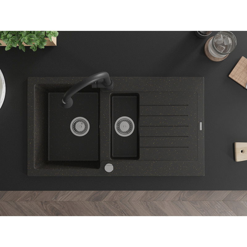 Mexen Matias žulový drez 1,5-komorový s odkvapkávačom a kuchynskou batériou Elia, čierny/zlatý metalik - 6502-75-670101-70