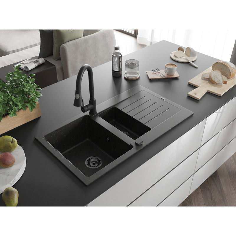 Mexen Matias granitový drez 1,5-komorový s odkvapkávačom a kuchynskou batériou Elia, čierny/zlatý metalik - 6502-75-670101-70-B