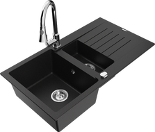 Mexen Matias žulový kuchynský drez 1,5-komorový s odkvapkávačom a kuchynskou batériou Elia, čierny - 6502-77-670101-00