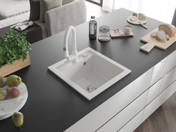 Mexen Vito žulový kuchynský drez 1-komorový s kuchynskou batériou Elia, biely - 6503-20-670101-20