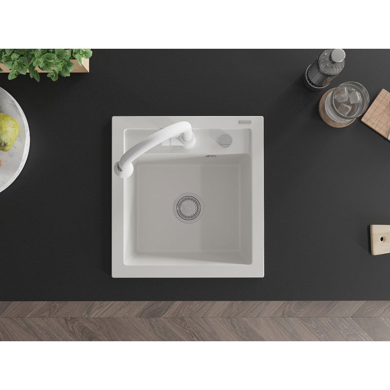Mexen Vito žulový kuchynský drez 1-komorový s kuchynskou batériou Elia, biely - 6503-20-670101-20
