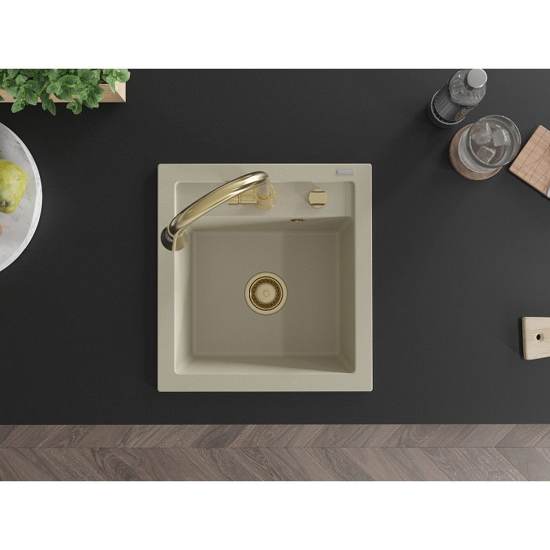 Mexen Vito jednokomorový žulový drez s kuchynskou batériou Elia, béžový - 6503-69-670101-50
