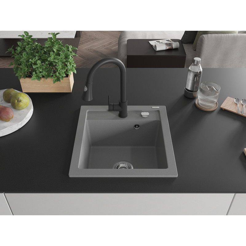 Mexen Vito granitový kuchynský drez s 1 komorou a kuchynskou batériou Elia, sivá - 6503-71-670101-70