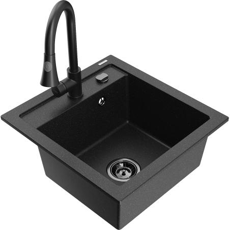 Mexen Vito granitový kuchynský drez s 1 komorou a kuchynskou batériou Elia, čierny/strieborný metalický
