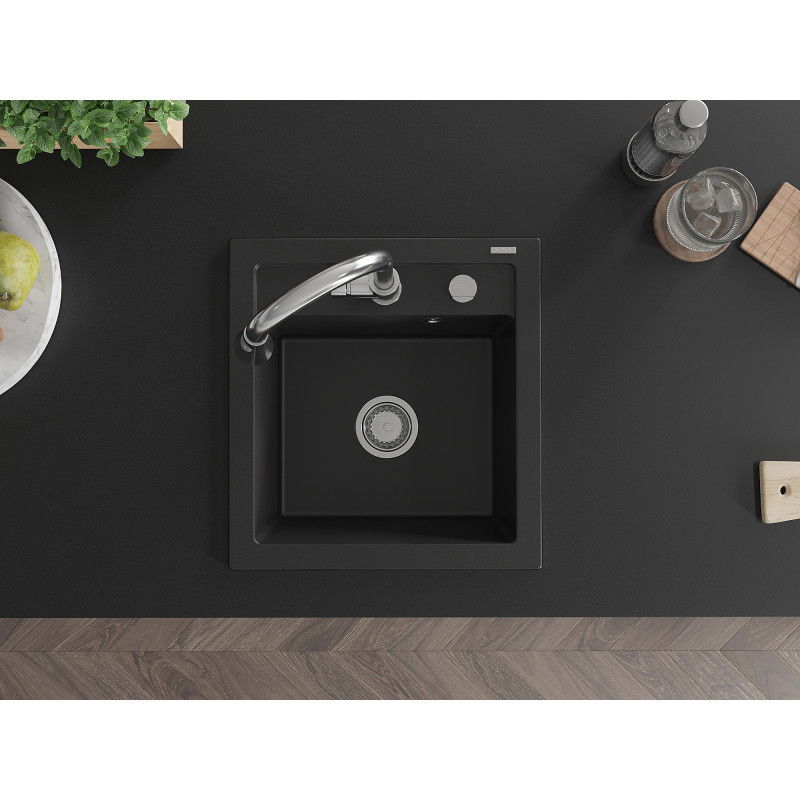 Mexen Vito žulový drez s 1-komorou a kuchynskou batériou Elia, čierny - 6503-77-670101-00