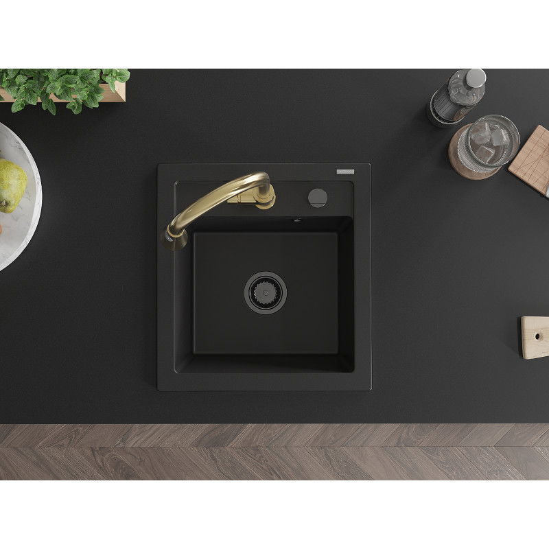 Mexen Vito žulový kuchynský drez 1-komorový s kuchynskou batériou Elia, čierny - 6503-77-670101-50-B