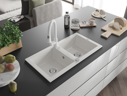 Mexen Mario žulový drez s 2-komorami s kuchynskou batériou Elia, biely - 6504-20-670101-20