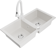 Mexen Mario žulový drez s 2-komorami s kuchynskou batériou Elia, biely - 6504-20-670101-20