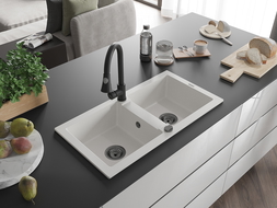 Mexen Mario žulový drez 2-komorový s kuchynskou batériou Elia, biely - 6504-20-670101-70