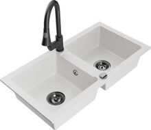 Mexen Mario žulový drez 2-komorový s kuchynskou batériou Elia, biely - 6504-20-670101-70