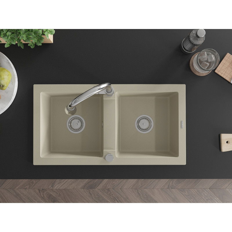 Mexen Mario kuchynský drez žulový 2-komorový s kuchynskou batériou Elia, béžový - 6504-69-670101-00