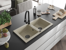 Mexen Mario dvojkomorový žulový drez s kuchynskou batériou Elia, béžový - 6504-69-670101-70