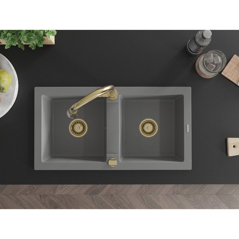 Mexen Mario dvojkomorový granitový drez s kuchynskou batériou Elia, sivý - 6504-71-670101-50