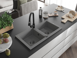 Mexen Mario žulový drez 2-komorový s kuchynskou batériou Elia, sivý - 6504-71-670101-70-B