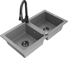 Mexen Mario žulový drez 2-komorový s kuchynskou batériou Elia, sivý - 6504-71-670101-70-B