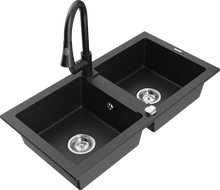 Mexen Mario dvojkomorový žulový drez s kuchynskou batériou Elia, čierny/strieborný metalický - 6504-73-670101-70