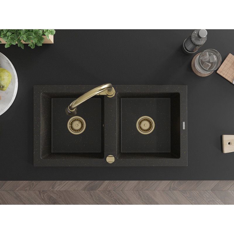 Mexen Mario žulový drez 2-komorový s kuchynskou batériou Elia, čierny/zlatý metalík - 6504-75-670101-50