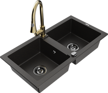 Mexen Mario žulový kuchynský drez s 2 komorami a kuchynskou batériou Elia, čierna/zlatý metalický - 6504-75-670101-50-B