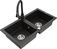 Mexen Mario žulový drez s 2 komorami a kuchynskou batériou Elia, čierny/zlatý metalik - 6504-75-670101-70