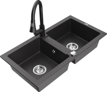 Mexen Mario žulový kuchynský drez 2-komorový s kuchynskou batériou Elia, čierny s fľakmi - 6504-76-670101-70
