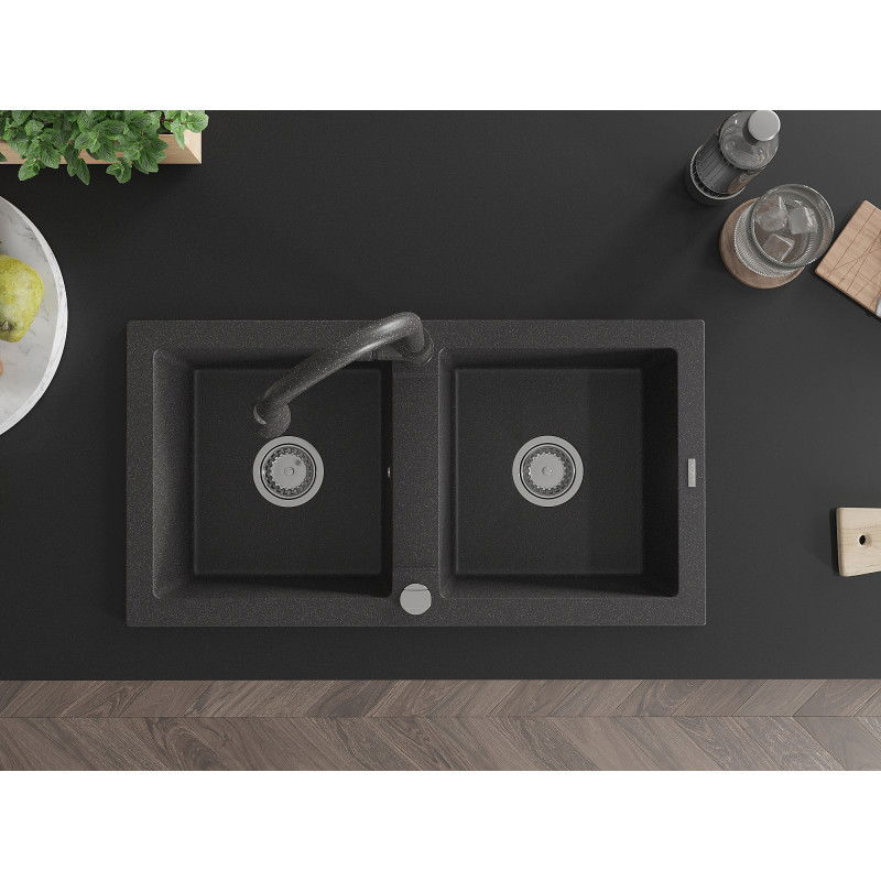 Mexen Mario žulový drez s 2 komorami a kuchynskou batériou Elia, čierny škvrnitý - 6504-76-670101-76