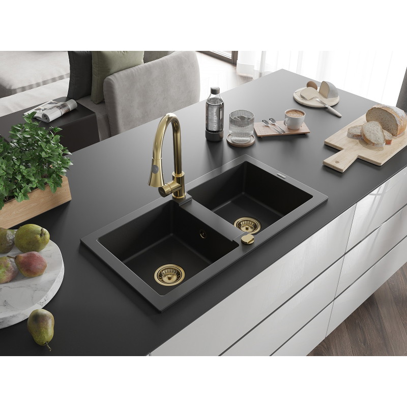 Mexen Mario granitový kuchynský drez s 2 priehradkami a kuchynskou batériou Elia, čierny - 6504-77-670101-50