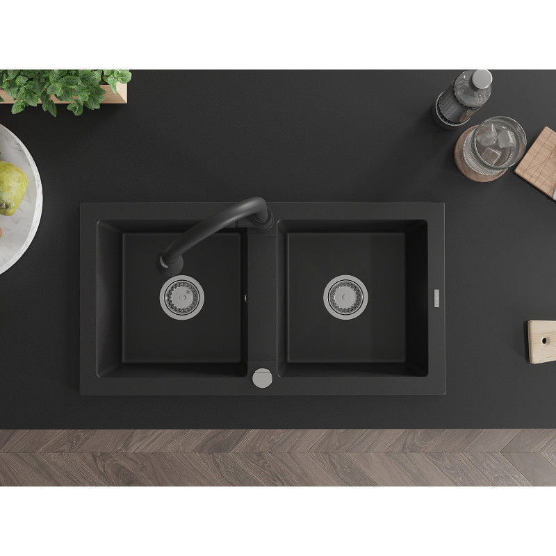 Mexen Mario žulový dvojkomorový kuchynský drez s batériou Elia, čierny - 6504-77-670101-70