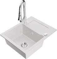 Mexen Enzo žulový drez s jednou komorou s odkvapkávačom a kuchynskou batériou Elia, biely - 6506-20-670101-00