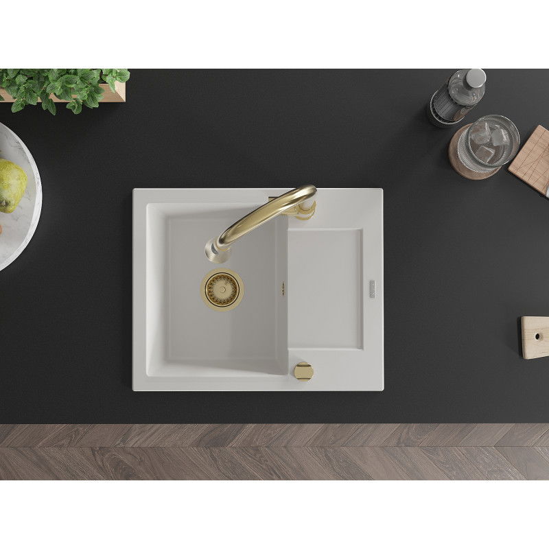 Mexen Enzo 1-komorový granitový drez s odkvapkávačom a kuchynskou batériou Elia, biely - 6506-20-670101-50