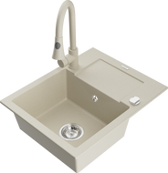 Mexen Enzo žulový kuchynský drez s 1 komorou, odkvapkávačom a kuchynskou batériou Elia, béžový - 6506-69-670101-69