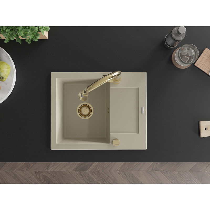 Mexen Enzo granitový kuchynský drez s 1 komorou a odkvapkávačom a kuchynskou batériou Elia, béžový - 6506-69-670101-50