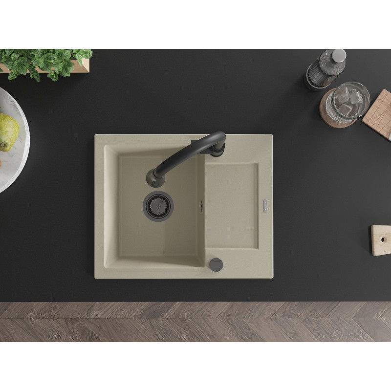 Mexen Enzo jednovaníkový granitový drez s odkvapkávačom a kuchynskou batériou Elia, béžový - 6506-69-670101-70