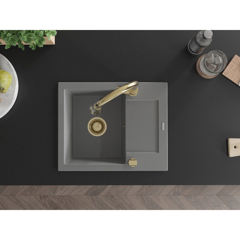 Mexen Enzo kuchynský drez z granitu 1-komorový s odkvapom a kuchynskou batériou Elia, sivý - 6506-71-670101-50