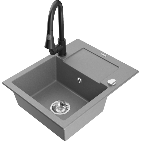 Mexen Enzo granitový drez 1-komorový s odkvapkávačom a kuchynskou batériou Elia, sivý - 6506-71-670101-70