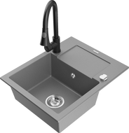 Mexen Enzo granitový drez 1-komorový s odkvapkávačom a kuchynskou batériou Elia, sivý - 6506-71-670101-70