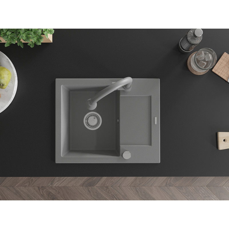Mexen Enzo žulový drez s 1 komorou, odkvapom a kuchynskou batériou Elia, sivý - 6506-71-670101-71