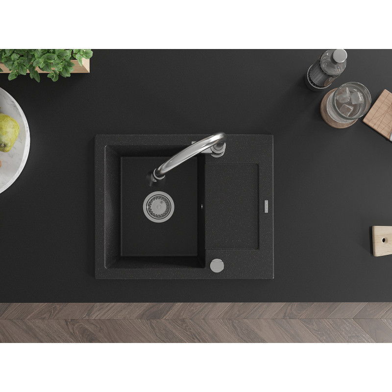 Mexen Enzo granitový drez s 1 komorou a odkvapkávačom a kuchynskou batériou Elia, čierny/strieborný metalik - 6506-73-670101-00