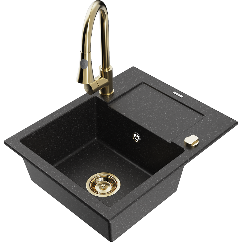 Mexen Enzo granitový kuchynský drez s 1 komorou a odkvapkávačom a kuchynskou batériou Elia, čierno/strieborný metalík