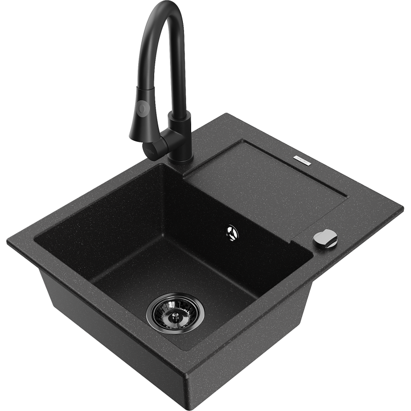 Mexen Enzo Granitový jednokomorový drez s odkvapkávačom a kuchynskou batériou Elia, čierny/strieborný metalik