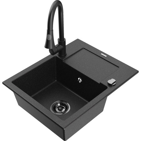 Mexen Enzo Granitový jednokomorový drez s odkvapkávačom a kuchynskou batériou Elia, čierny/strieborný metalik