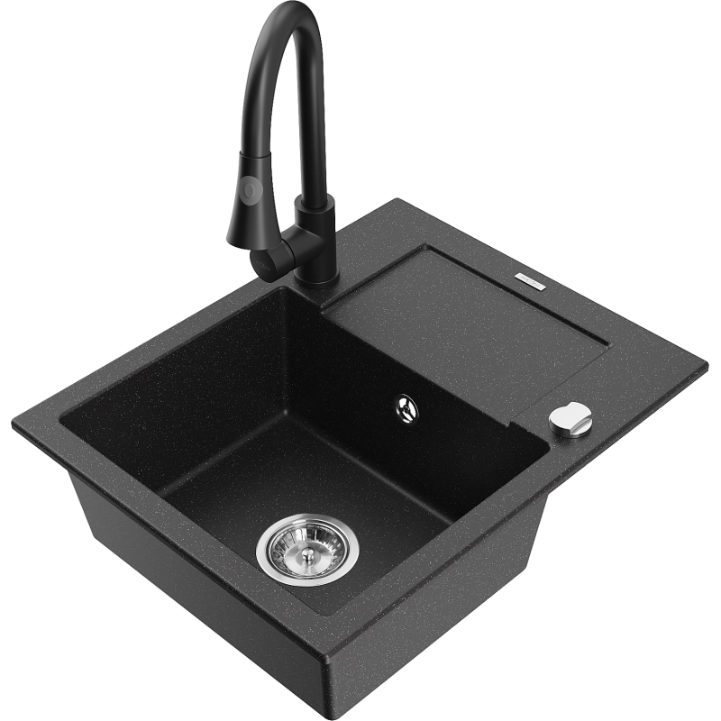 Mexen Enzo jednokomorový granitový drez s odkvapkávačom a kuchynskou batériou Elia, čierna/strieborný metalik