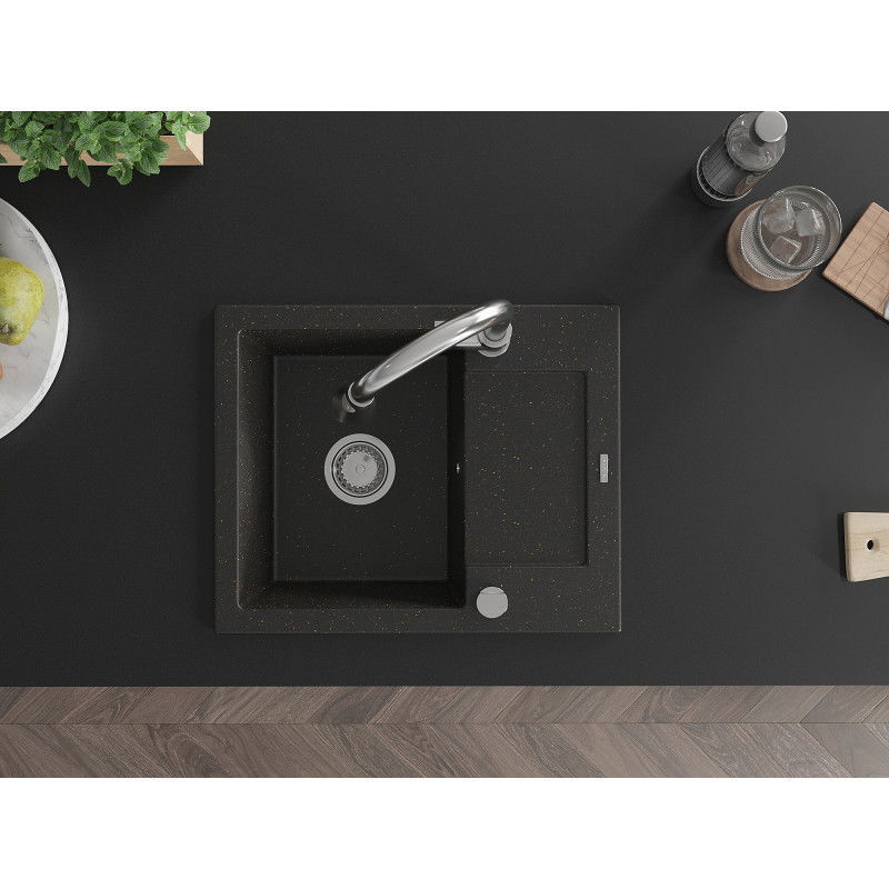 Mexen Enzo granitový kuchynský drez s 1 komorou a odkvapkávačom a kuchynskou batériou Elia, čierny/zlatý metalický