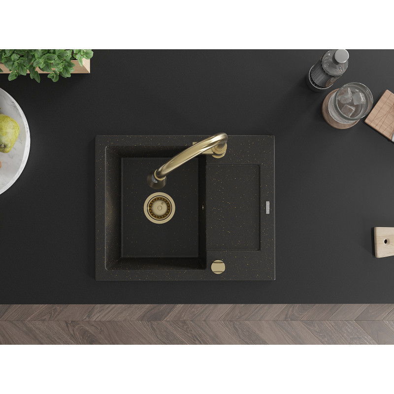 Mexen Enzo granitový drez s 1 komorou, s odkvapkávačom a kuchynskou batériou Elia, čierny/zlatý metalický - 6506-75-670101-50