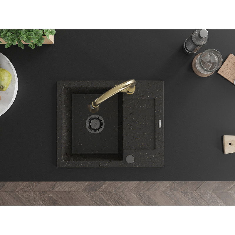 Mexen Enzo granitový drez 1-komorový s odkvapkávačom a kuchynskou batériou Elia, čierny/zlatý metalik - 6506-75-670101-50-B
