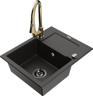 Mexen Enzo granitový drez 1-komorový s odkvapkávačom a kuchynskou batériou Elia, čierny/zlatý metalik - 6506-75-670101-50-B